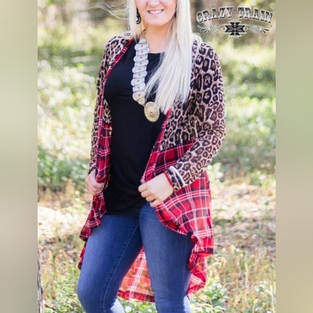 Crazy Train Red Plaid & Leopard Open Front Cardigan